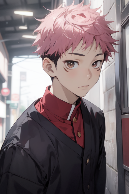 itadori yuuji,1boy,solo,make focus,pink hair,aoiked hair,short hair,undercut,facial mark,brown .png